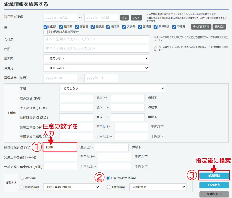 九州管内で経営状況評点（Y点）が1000点以上の企業を知りたい