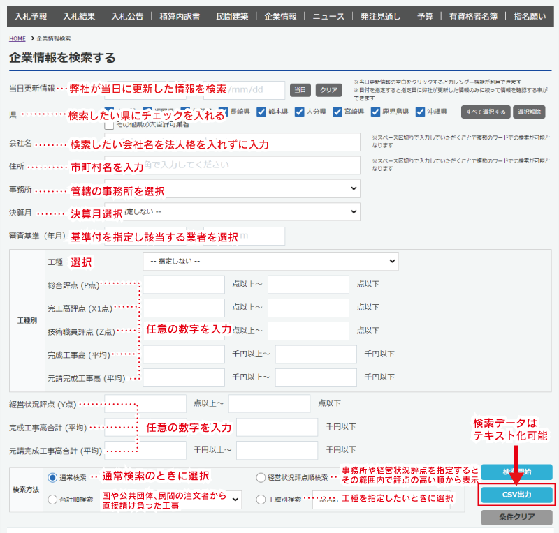 企業情報検索画面の説明