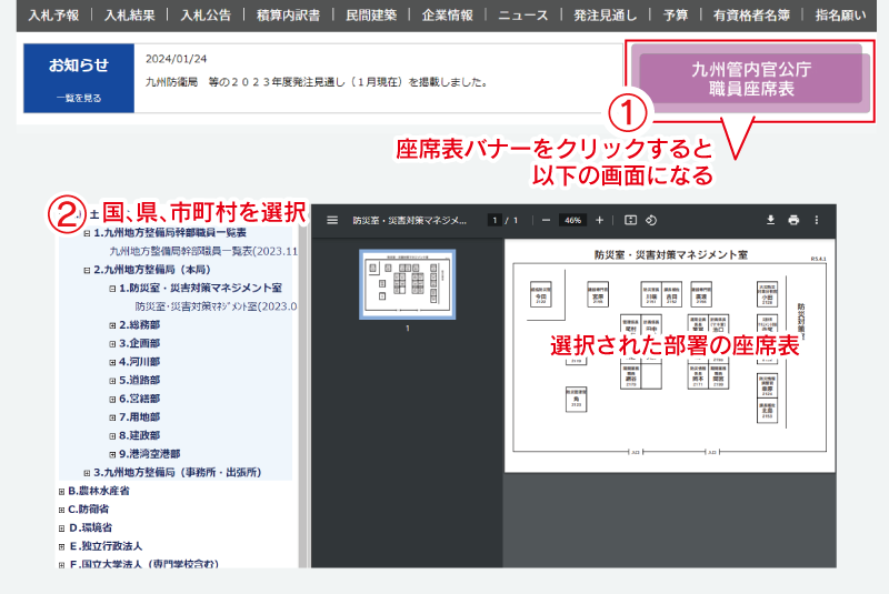 官公庁職員座席表画面の説明